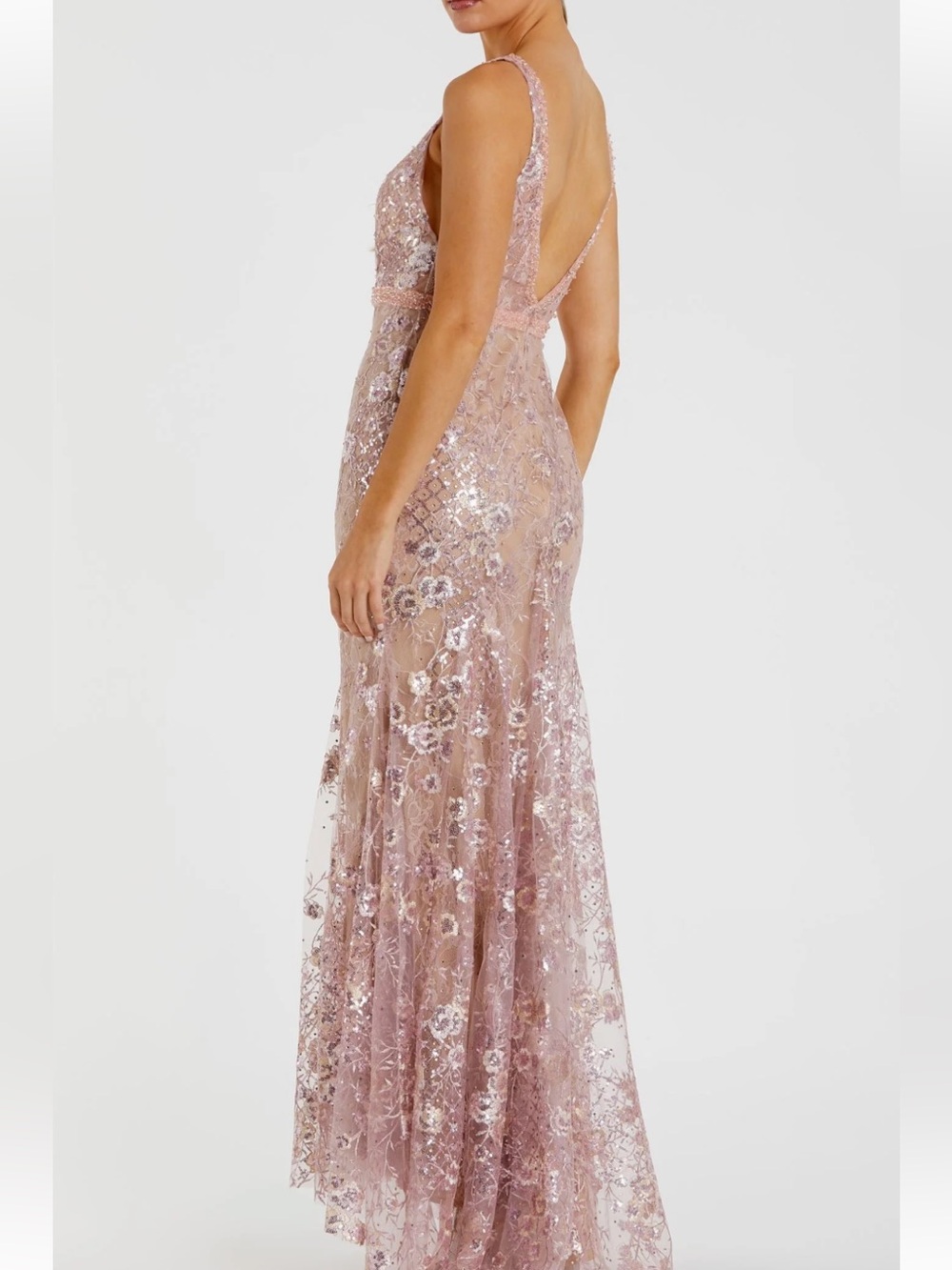 💜#56 BNWT MAC DUGGAL Pink Floral Embellished Sleeveless Plunge Neck Gown 67481